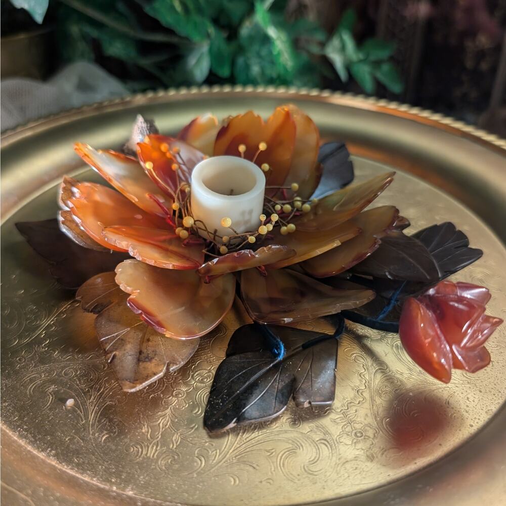 Hand Carved Mid Century Vintage Agate Gemstone Flower Sculpture Candle Holder